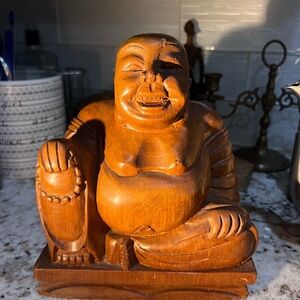 Vintage Solid Wood Happy Smiling Laughing Buddha Sculpture